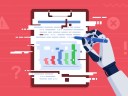 Illustration of AI anti-hallucinatoin with a robot hand and a clipboard with muddled text on red background.