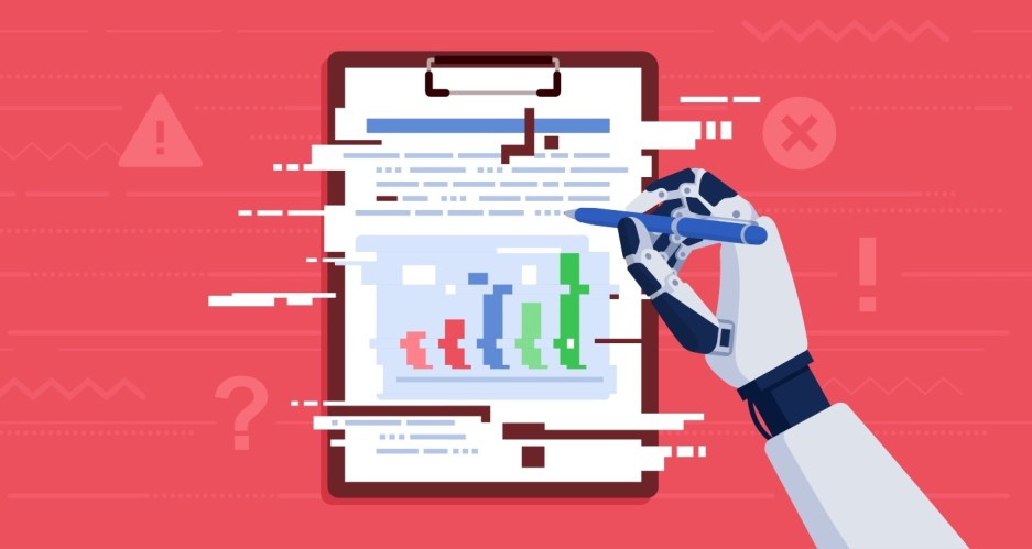 Illustration of AI anti-hallucinatoin with a robot hand and a clipboard with muddled text on red background.