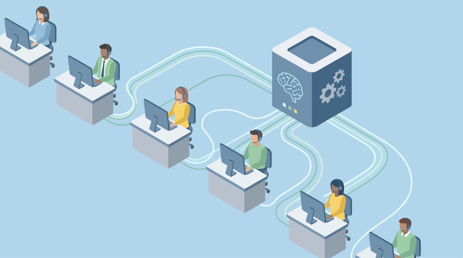 Isometric Contact Center with AI Brain Technology - Customer Service Team Connected to Artificial Intelligence System for Case routing automation