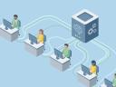 Isometric Contact Center with AI Brain Technology - Customer Service Team Connected to Artificial Intelligence System for Case routing automation