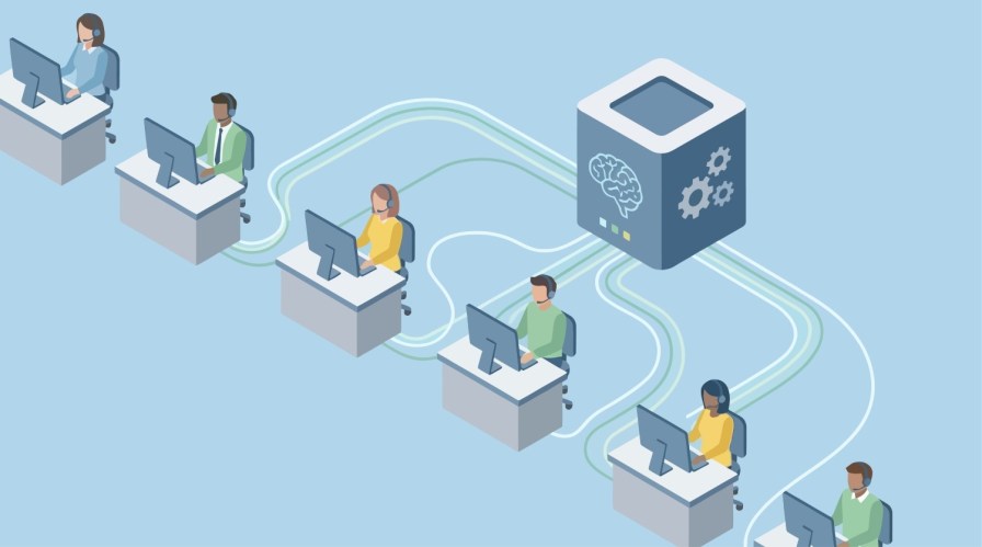 Isometric Contact Center with AI Brain Technology - Customer Service Team Connected to Artificial Intelligence System for Case routing automation