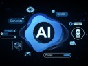 AI technology concept interface with glowing icons and blue abstract wave pattern on blurred futuristic background in digital 3D rendering style.