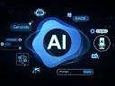 AI technology concept interface with glowing icons and blue abstract wave pattern on blurred futuristic background in digital 3D rendering style.