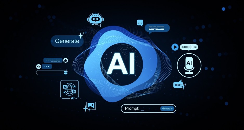 AI technology concept interface with glowing icons and blue abstract wave pattern on blurred futuristic background in digital 3D rendering style.