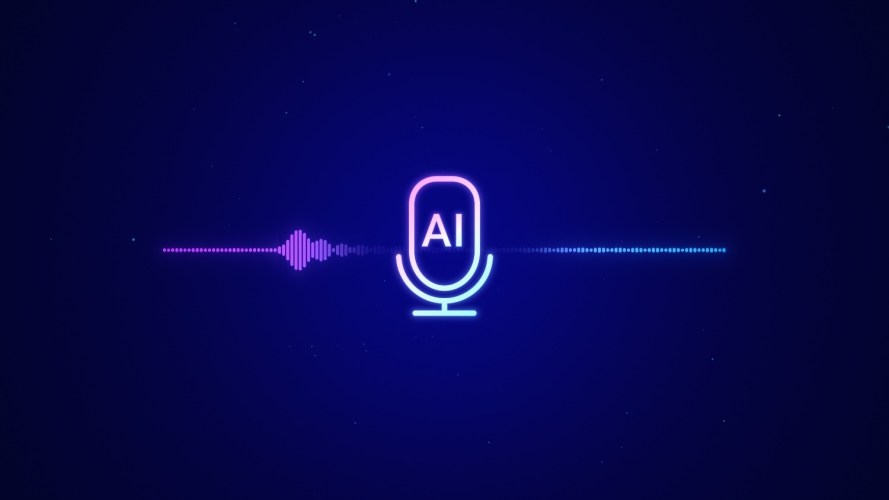 An AI voice recognition icon with audio lines on a black background.