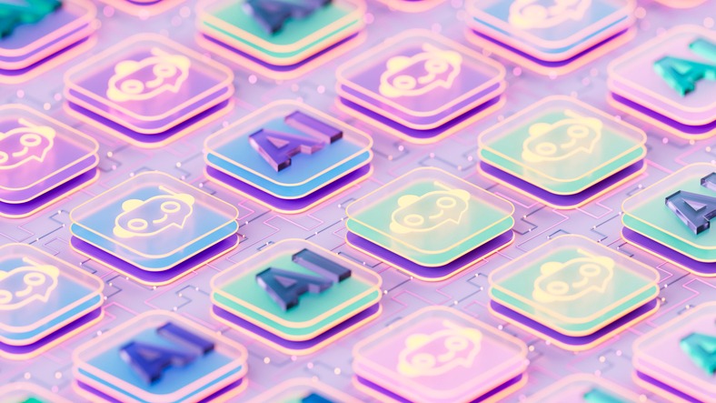 AI Chatbot Assistants on Glass Blocks, Artificial Intelligence Technology Concept. Digitally generated image. 3d render.