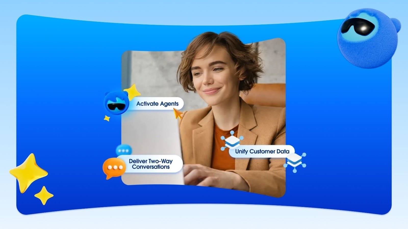 Illustration of the State of Marketing report cover showing a woman using AI, data, and CRM on a tablet with Agentforce characters on a blue background.
