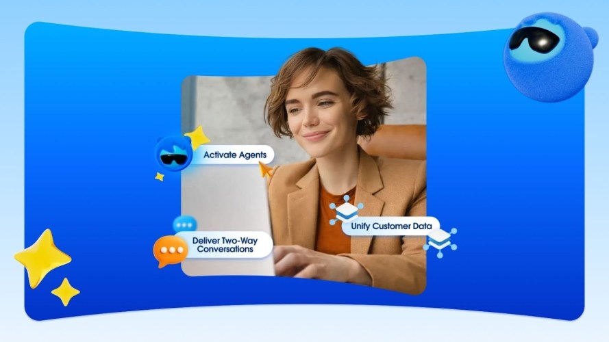 Illustration of the State of Marketing report cover showing a woman using AI, data, and CRM on a tablet with Agentforce characters on a blue background.
