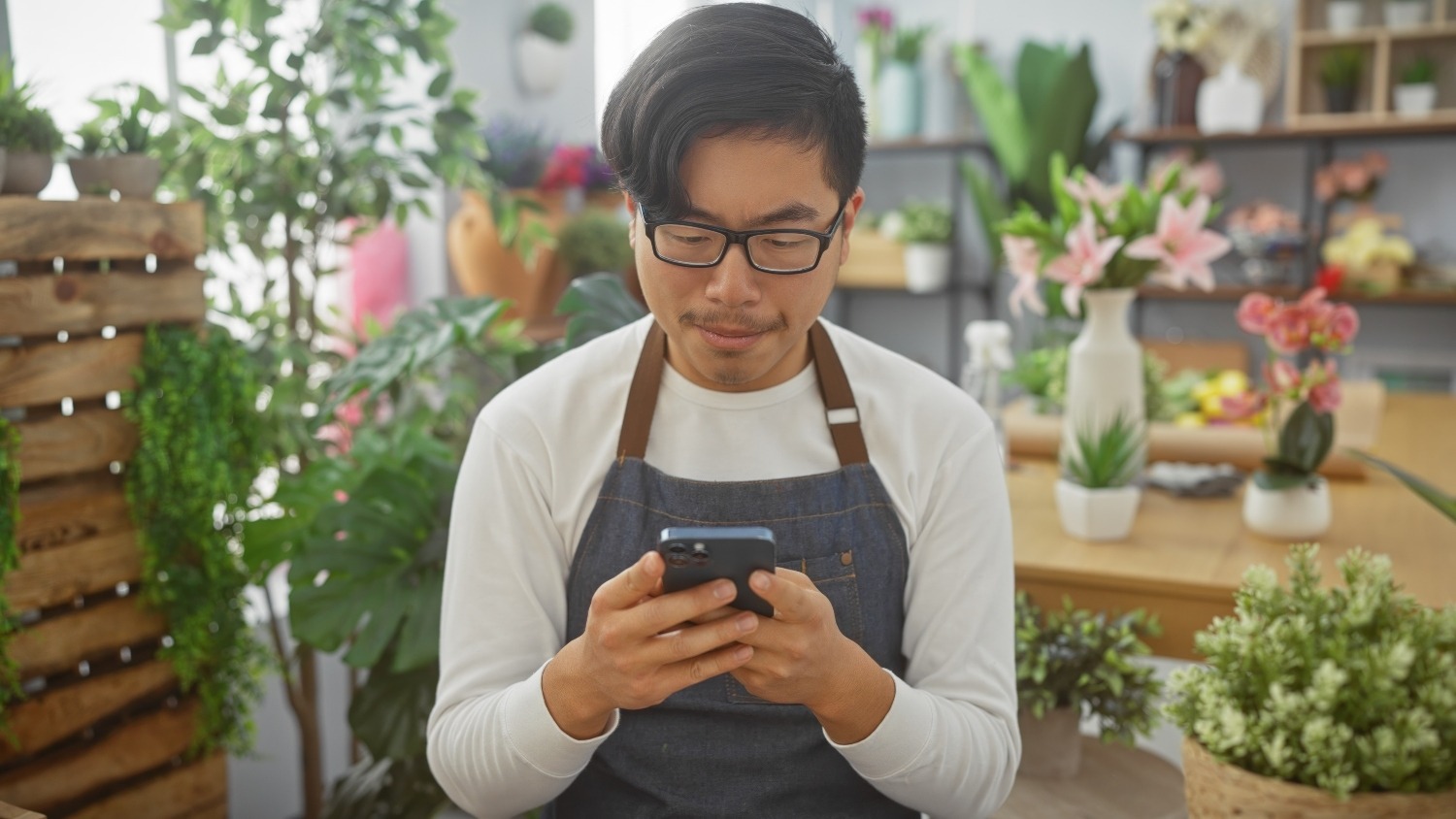 A young adult asian man in a florist shop looking at his phone surrounded by various indoor plants.