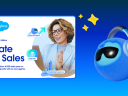 A woman showcasing sales statistics with Salesforce logo on cover of State of Sales report, with Agentforce head on blue background with three gold stars.