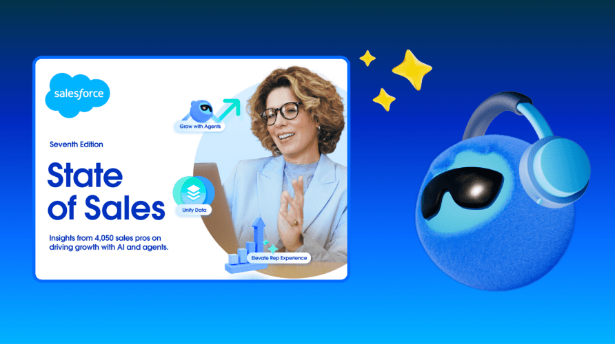A woman showcasing sales statistics with Salesforce logo on cover of State of Sales report, with Agentforce head on blue background with three gold stars.