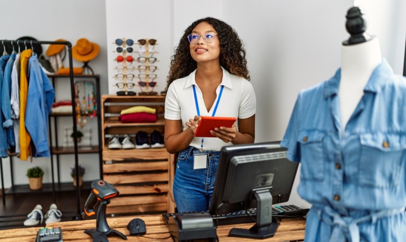 Young latin shopkeeper woman using touchpad working at clothing store.