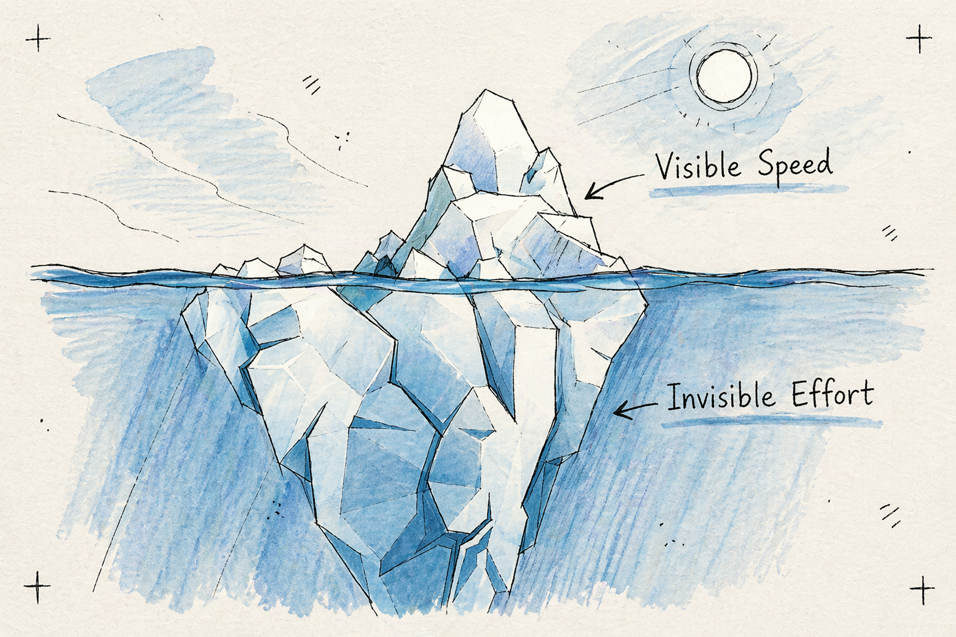 Hand-drawn iceberg diagram showing a small visible tip above water labeled “Visible Speed” and a much larger submerged portion labeled “Invisible Effort.”