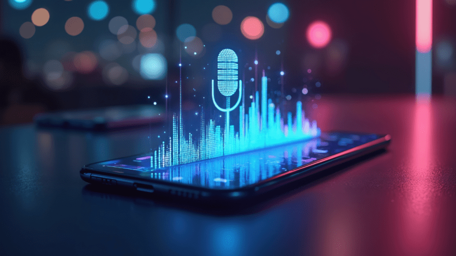 Image of mobile device and digital voice waves