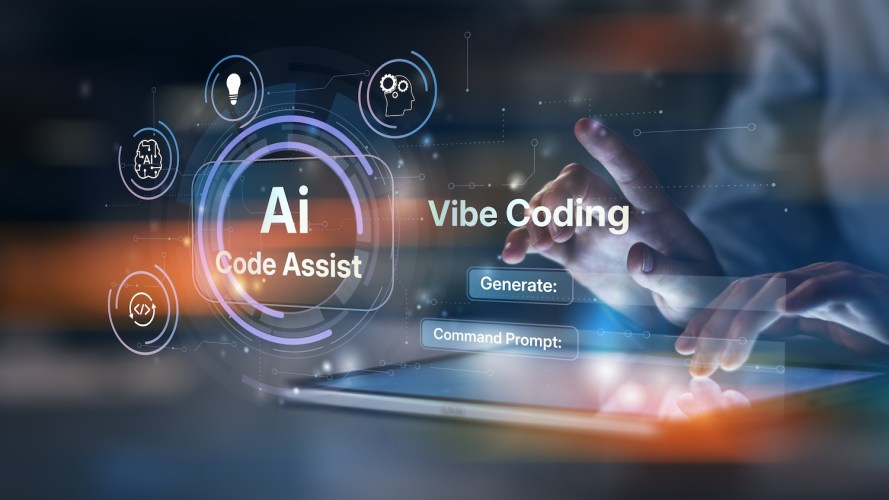 picture of a human interacting with a transparent screen, clicking to engage "vibe coding"