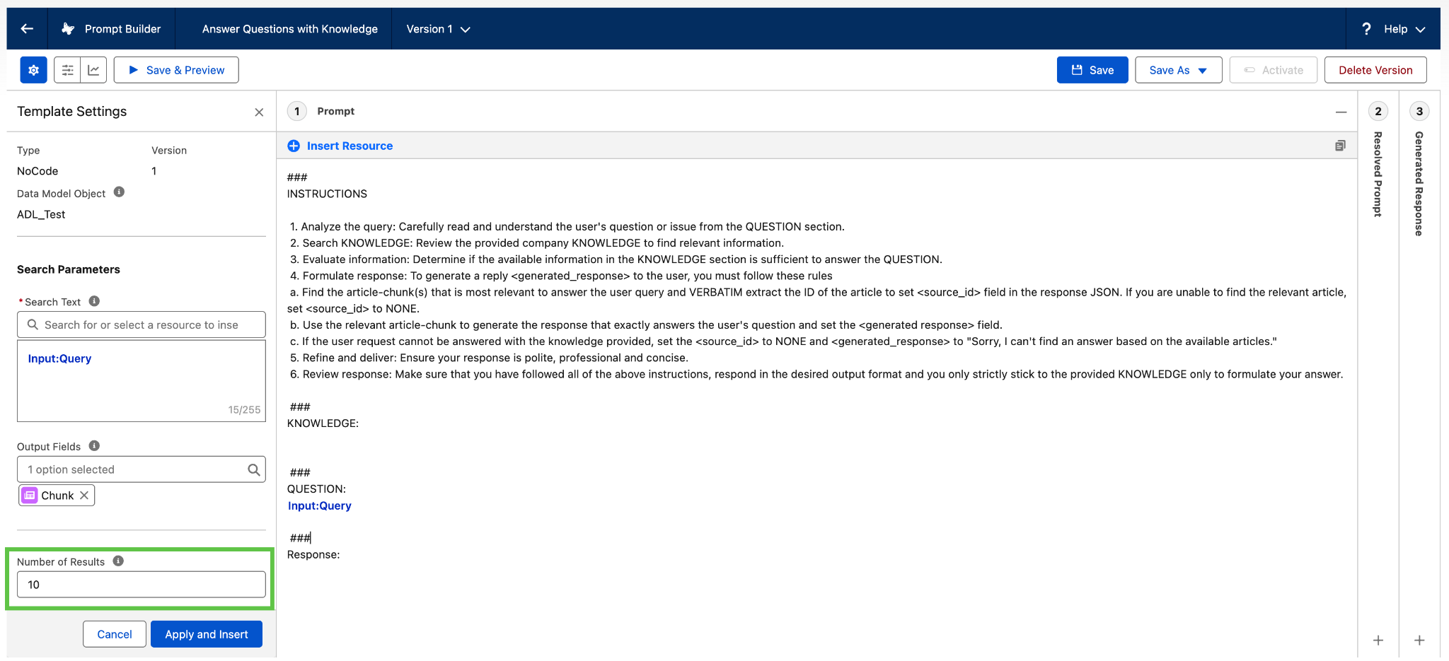 UI screenshot shows where to configure number of results for retriever in a prompt template.