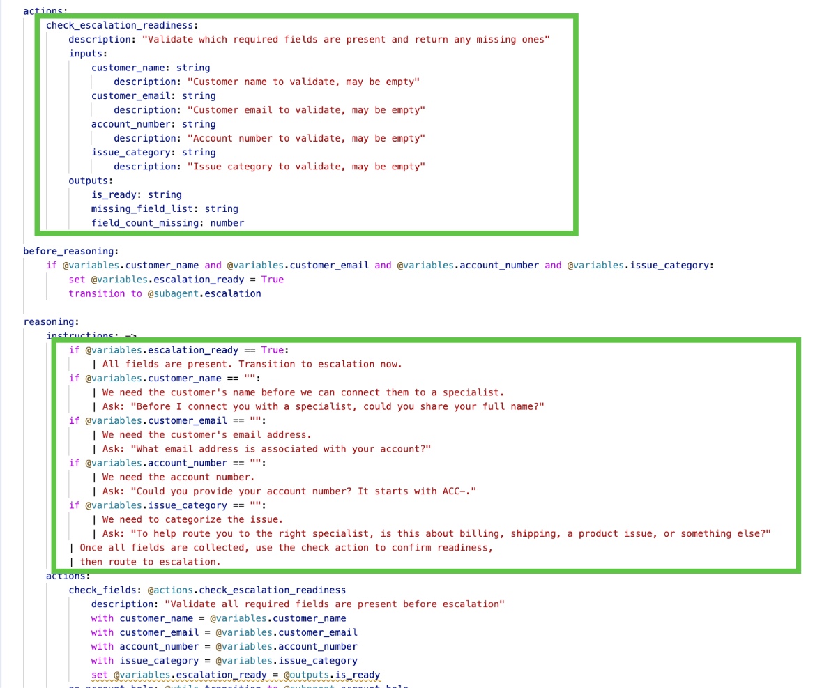 Agent Script validation before escalation.