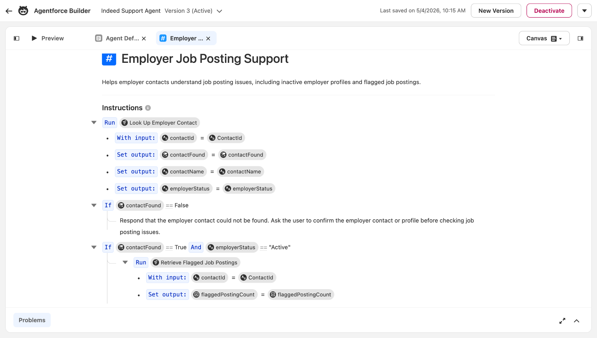 Agentforce Builder canvas view showing the Employer Job Posting Support subagent's deterministic routing: a lookup action for employer contact, then if/then branches based on contactFound and employerStatus that retrieve flagged job postings or generate inactive employer guidance.