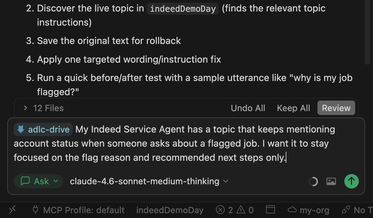 Cursor IDE showing an ADLC skill prompt asking to fix a subagent's response behavior, with 12 generated file changes ready for review.