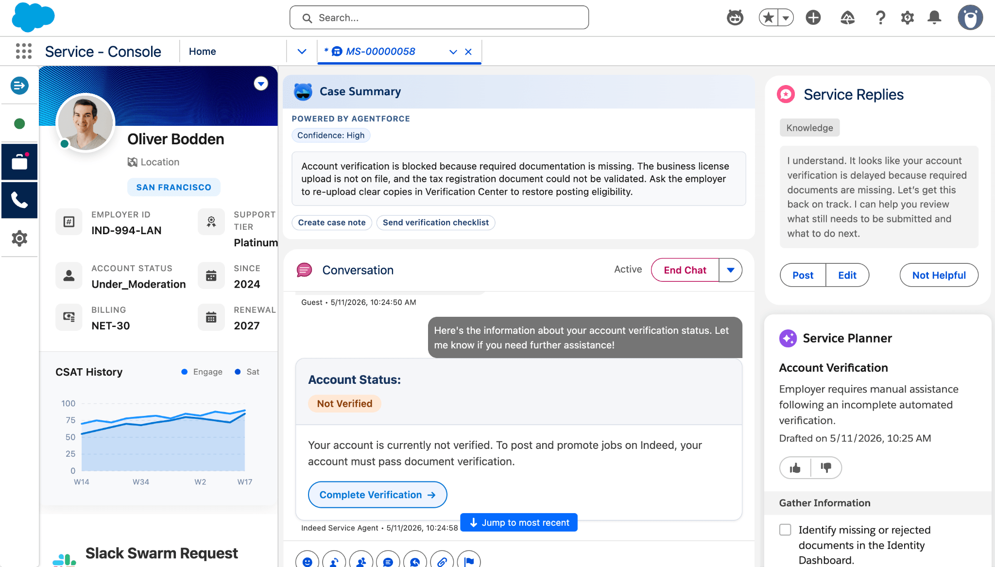 Alt text: Salesforce Service Console showing a seamless agent-to-human handoff: Oliver Bodden's employer profile on the left, full conversation history with account verification details in the center, and an AI-generated Service Planner summary on the right.