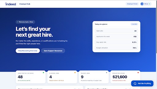 Indeed's employer-facing website showing the Indeed Service Agent chatbot widget. The employer has asked "Why is my job flagged?" and the agent responds with structured flagged job posting details including job title, ID, flag reason, and daily budget.