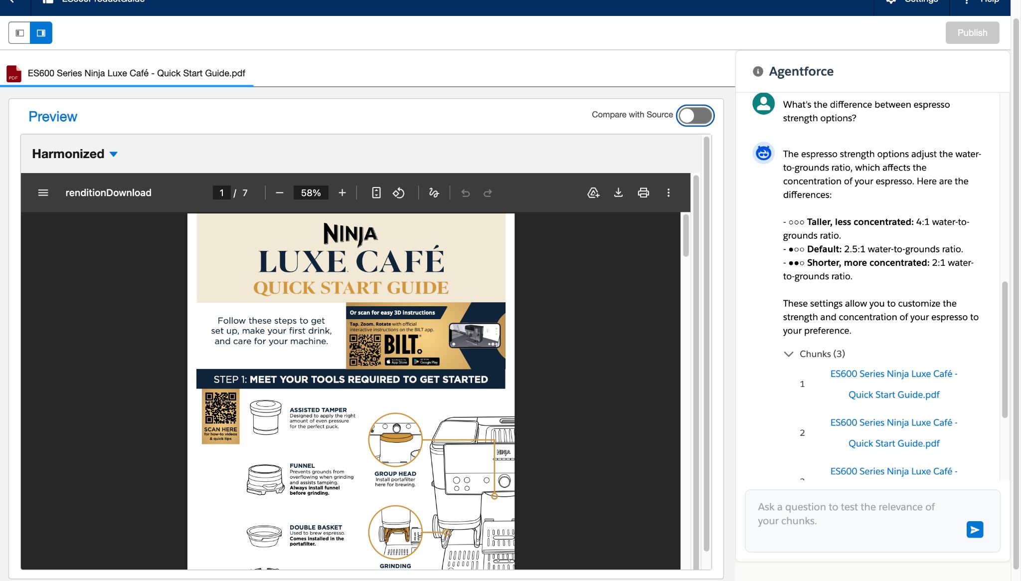 Intelligent Context interface showing the ES600 Ninja Luxe Cafe Quick Start Guide PDF on the left and an Agentforce panel on the right. The agent answers a question about espresso strength options, with three source chunks from the Quick Start Guide listed below the response.