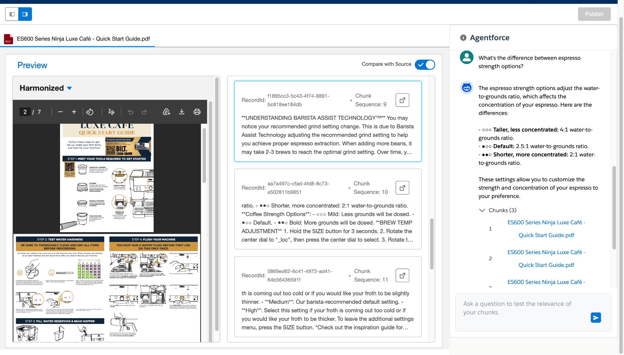 Intelligent Context interface with "Compare with Source" toggled on, displaying individual content chunks with record IDs and sequence numbers alongside the source PDF. The agent's response about espresso strength options is shown on the right, with the three referenced chunks highlighted in the center.