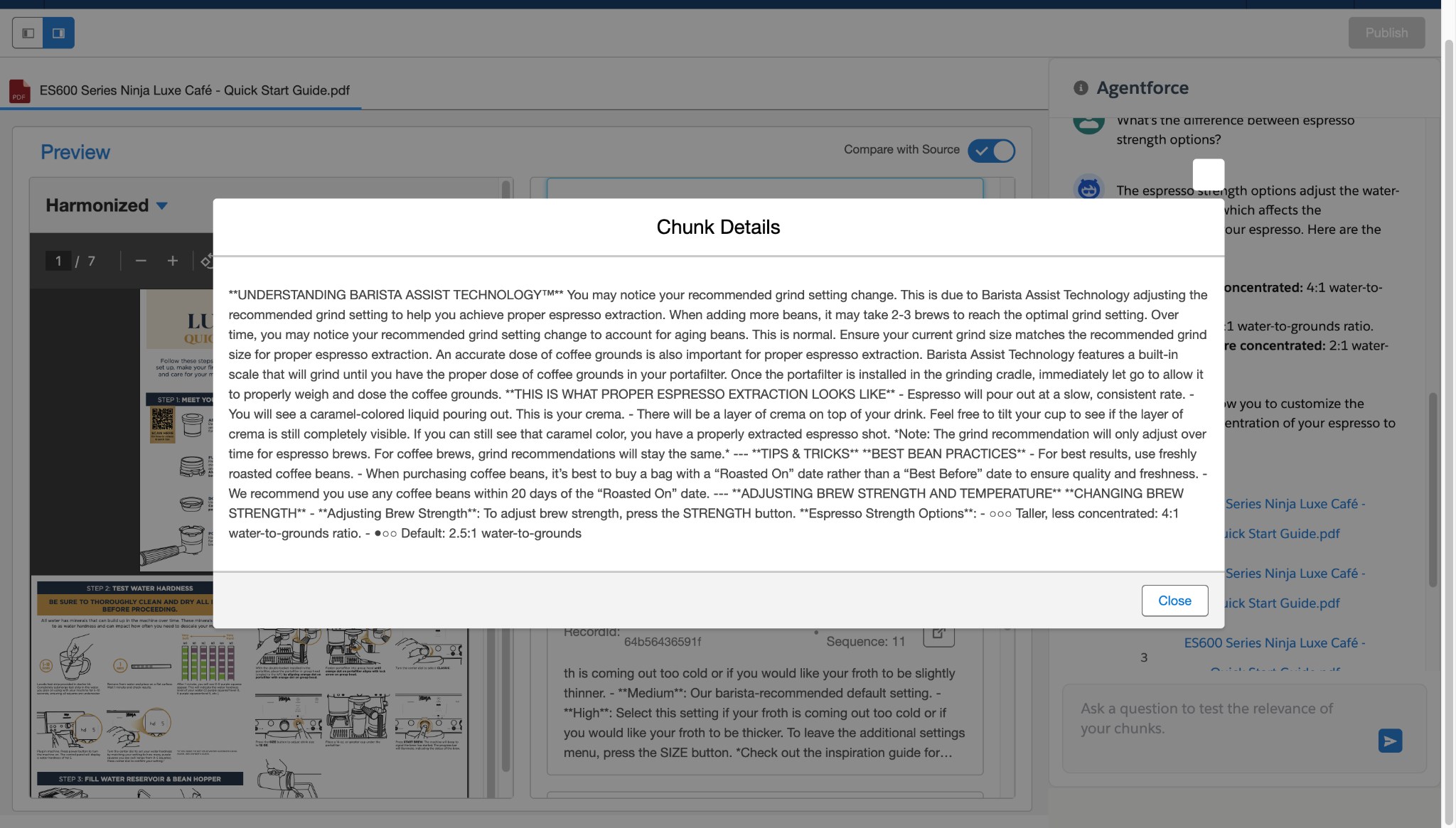 Chunk Details popup showing the full text of a knowledge chunk about Barista Assist Technology, espresso extraction, grind settings, and coffee strength options, pulled from the ES600 Ninja Luxe Cafe Quick Start Guide.