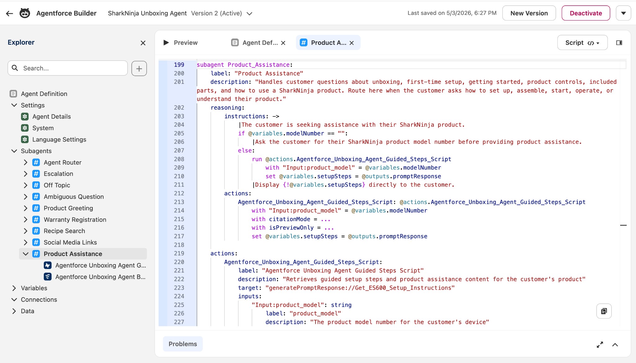 Agentforce Builder interface showing the Script code view for the Product Assistance subagent. The code includes a reasoning block with conditional logic (checking the model number variable), an action call to retrieve guided setup steps, and instructions to display the results directly to the customer.