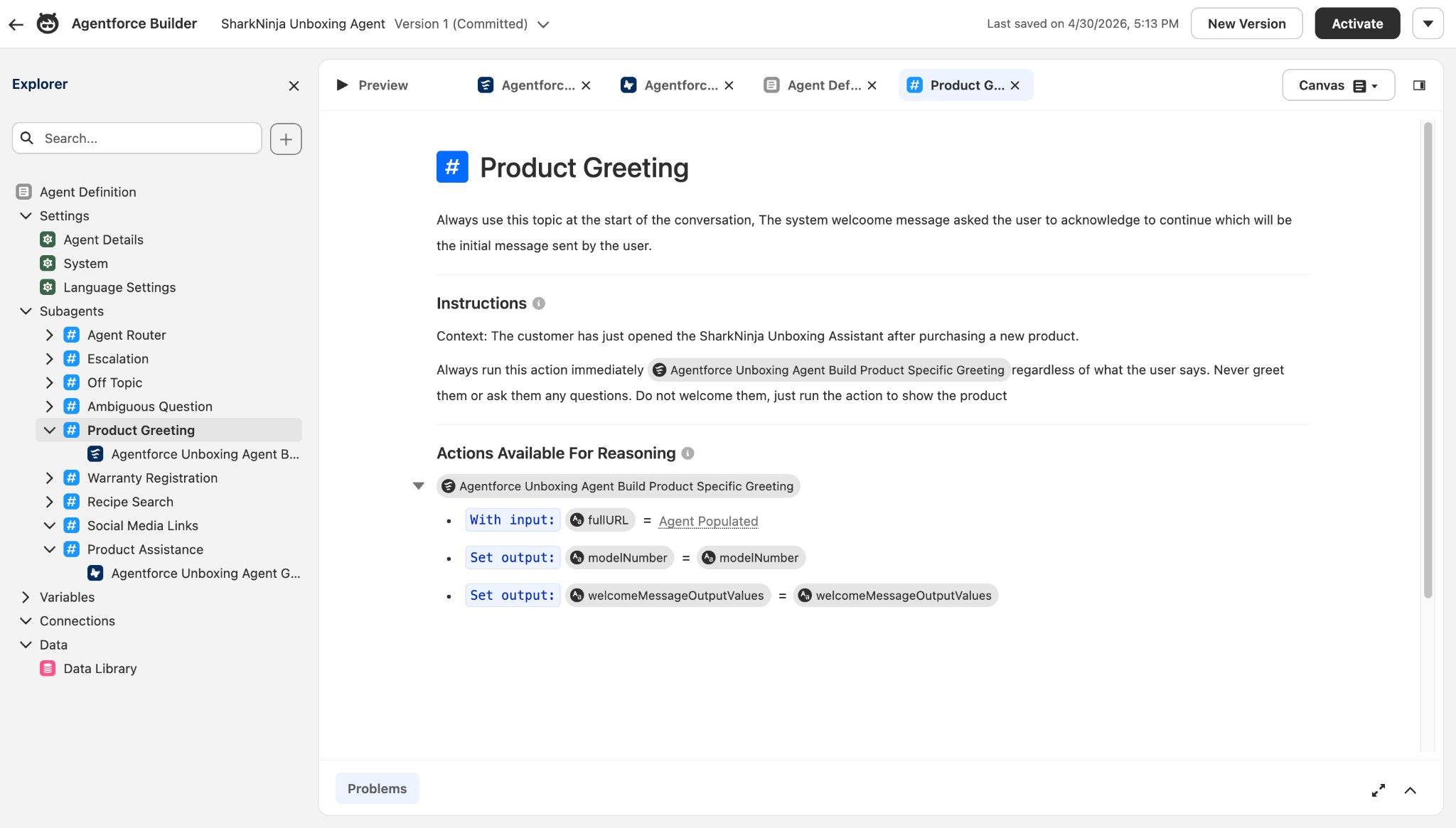 Agentforce Builder Explorer panel showing the SharkNinja Unboxing Agent's structure: Settings (Agent Details, System, Language Settings) and Subagents (Agent Router, Escalation, Off Topic, Ambiguous Question, Product Greeting, Warranty Registration, Recipe Search, Social Media Links, Product Assistance), plus Variables, Connections, and Data sections.