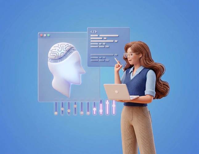 Illustration of a person working alongside an AI interface displaying code and data visualizations.