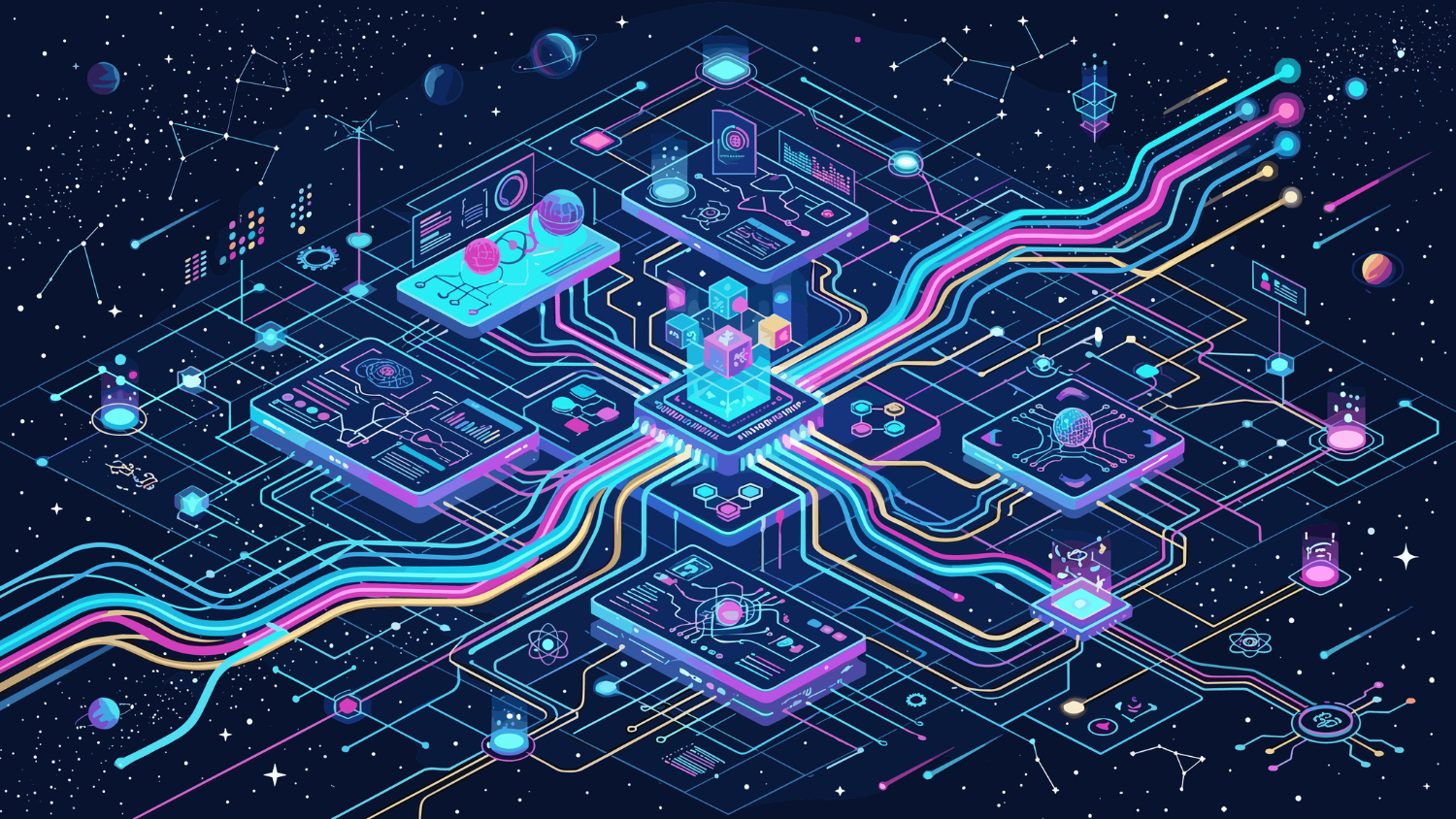 Isometric illustration of an interconnected AI and data ecosystem with glowing neon circuit lines on a dark space background.