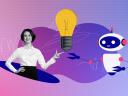 Composite photo collage of happy girl point light bulb solution finding ai robot advice helper modern app isolated on painted background