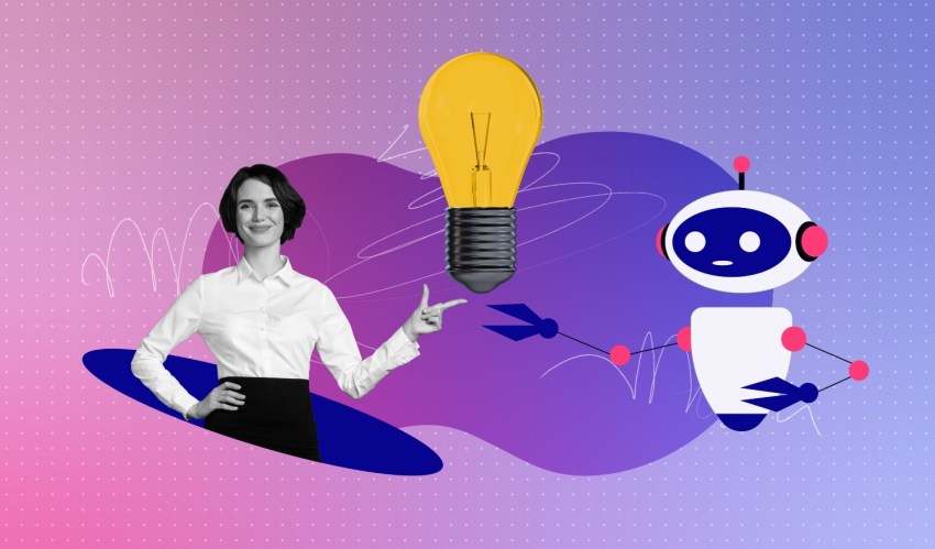 Composite photo collage of happy girl point light bulb solution finding ai robot advice helper modern app isolated on painted background