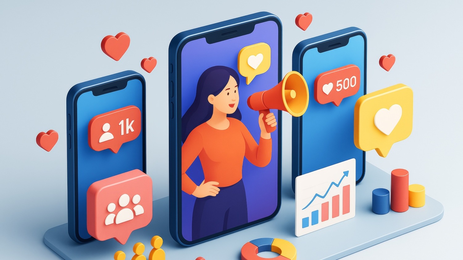 Social media influencer marketing concept with smartphones, engagement icons, and analytics graphics on light background.