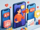 Social media influencer marketing concept with smartphones, engagement icons, and analytics graphics on light background.