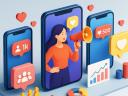 Social media influencer marketing concept with smartphones, engagement icons, and analytics graphics on light background.