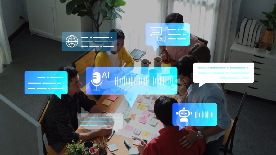 People Engaged in Brainstorming Session with Colorful Sticky Notes and Digital Icons in Modern Workspace Gluon