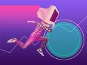 3D photo collage of graphics stats cyber space young guy anonymous computer head monitor virtual with abstract objects on pink background.