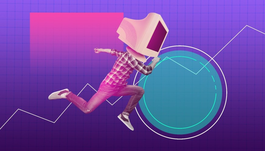 3D photo collage of graphics stats cyber space young guy anonymous computer head monitor virtual with abstract objects on pink background.