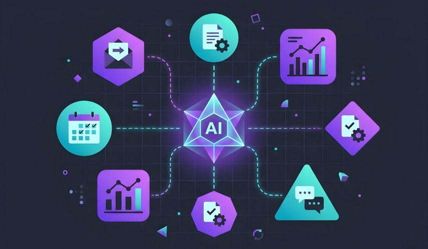 an AI Agent Orchestrating Business Workflows in icons on black background
