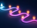 Customer Journey Map Visualized as a Glowing Pathway with icons on a black background.