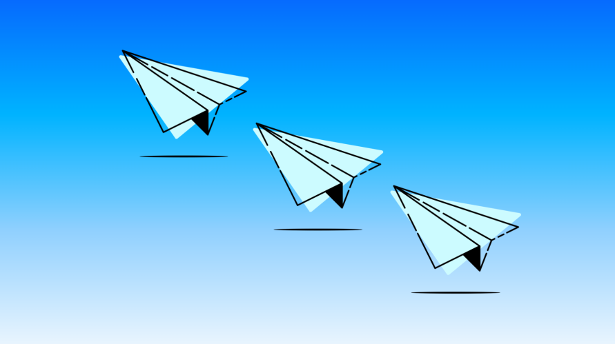 Three paper plane arrow illustrations with teal triangles on a gradient blue background, signifying a newsletter.