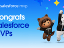 Astro and Codey, Salesforce mascots in Trailblazer hoodies, jumping in celebration against a bright blue background with colorful stars. Text reads: "Congrats Salesforce MVPs."