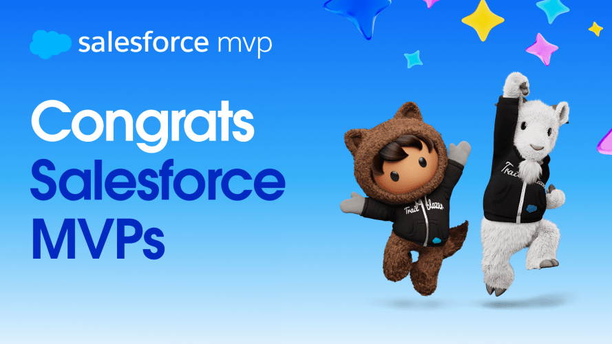Astro and Codey, Salesforce mascots in Trailblazer hoodies, jumping in celebration against a bright blue background with colorful stars. Text reads: "Congrats Salesforce MVPs."