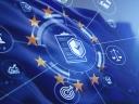 An illustration of the European Union flag overlaid with a glowing network of icons representing compliance, law, and security, centered around a clipboard and a shield with a checkmark.
