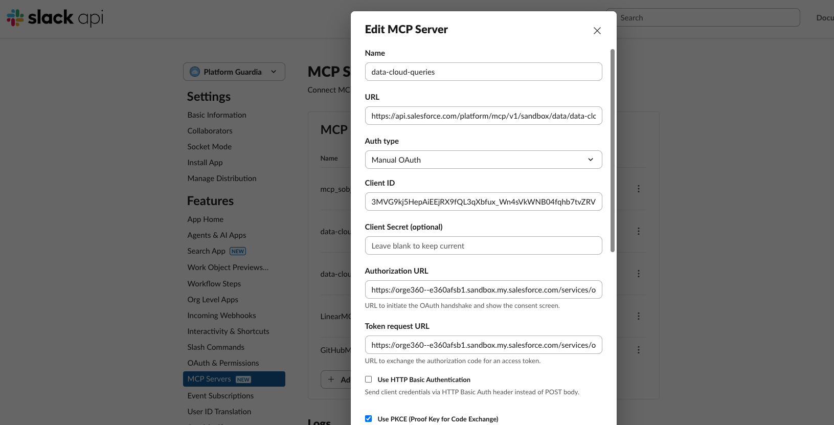 UI of Slack API function to edit MCP server.