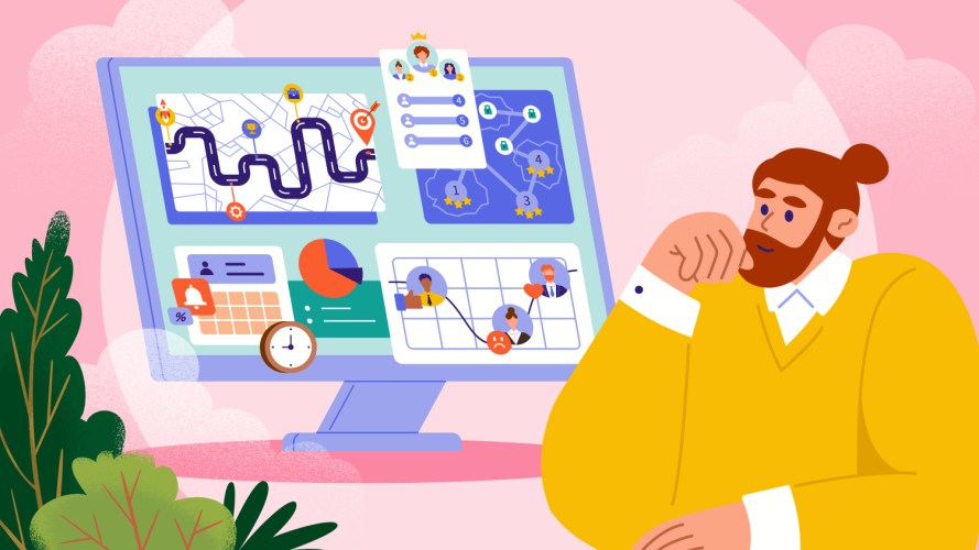 Illustration of a man looking at Workforce Engagement Management tools on his computer screen.