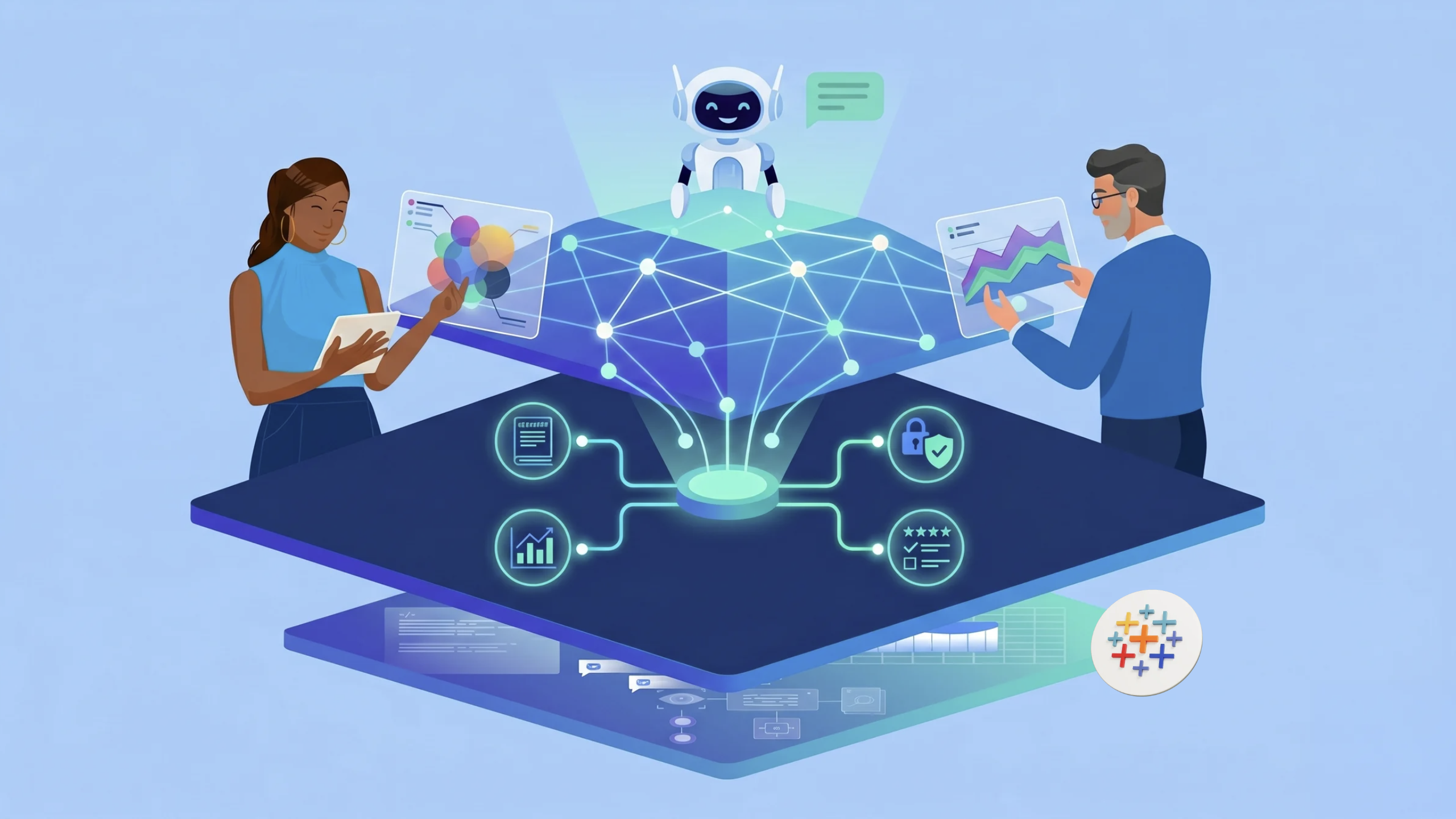 Illustration of a man, woman, and robot interacting with data visualizations that appear above a table-like connected network representing a knowledge graph for analytics.