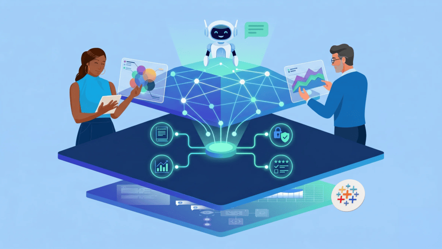 Illustration of a man, woman, and robot interacting with data visualizations that appear above a table-like connected network representing a knowledge graph for analytics.